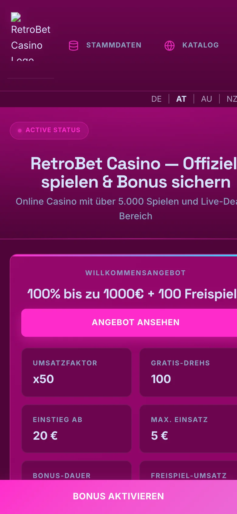 RetroBet Casino mobile lobby screenshot
