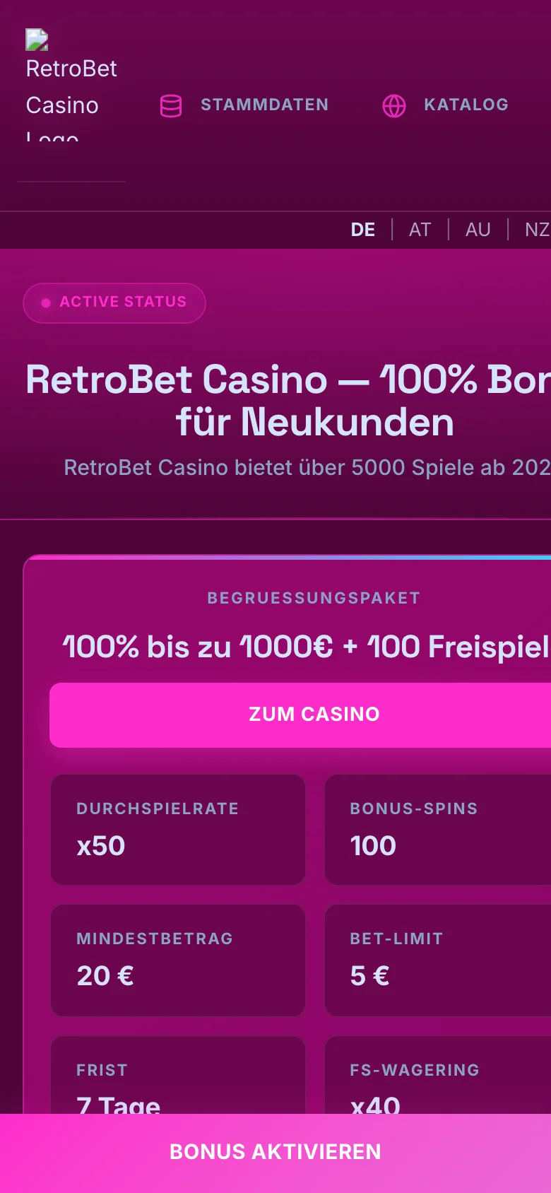 RetroBet Casino mobile lobby screenshot