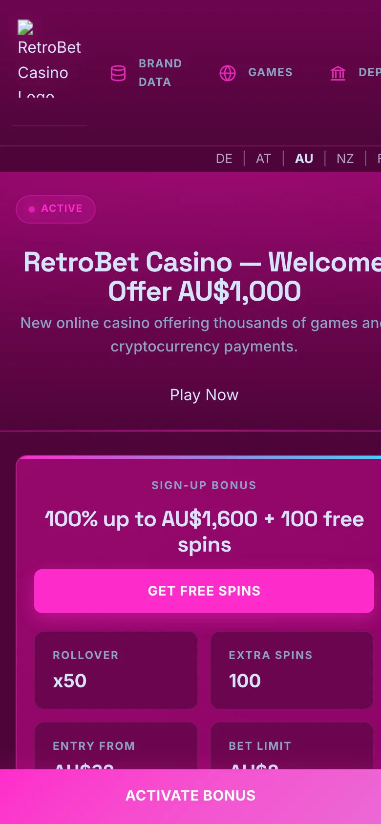 RetroBet Casino mobile lobby screenshot