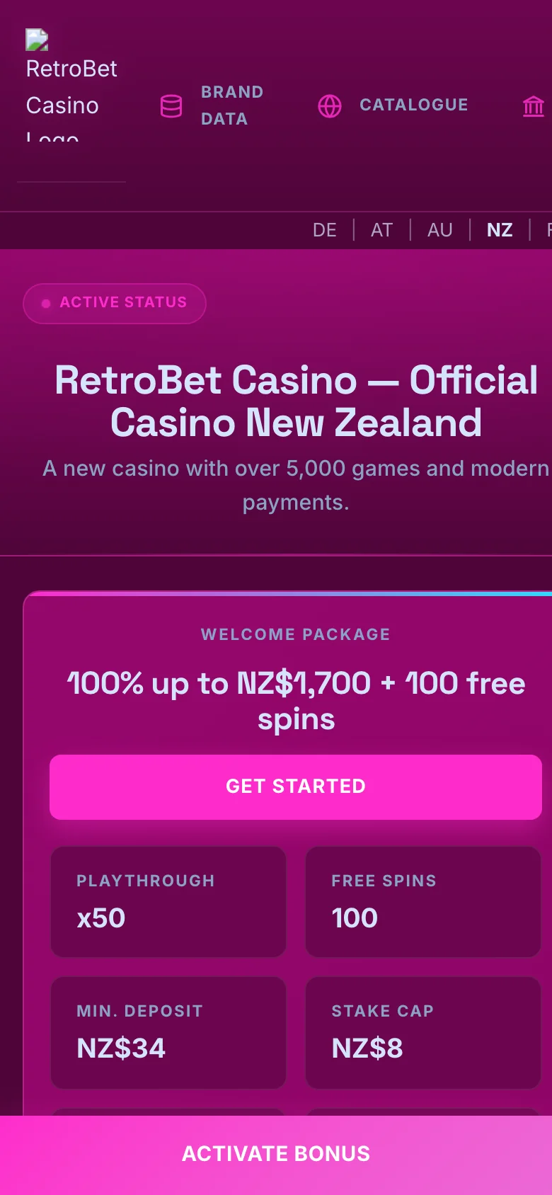 RetroBet Casino mobile lobby screenshot