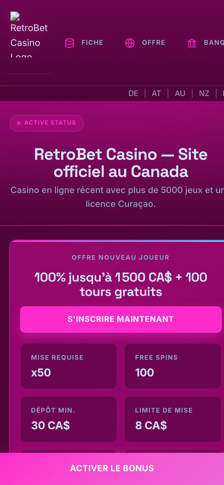 RetroBet Casino mobile lobby screenshot